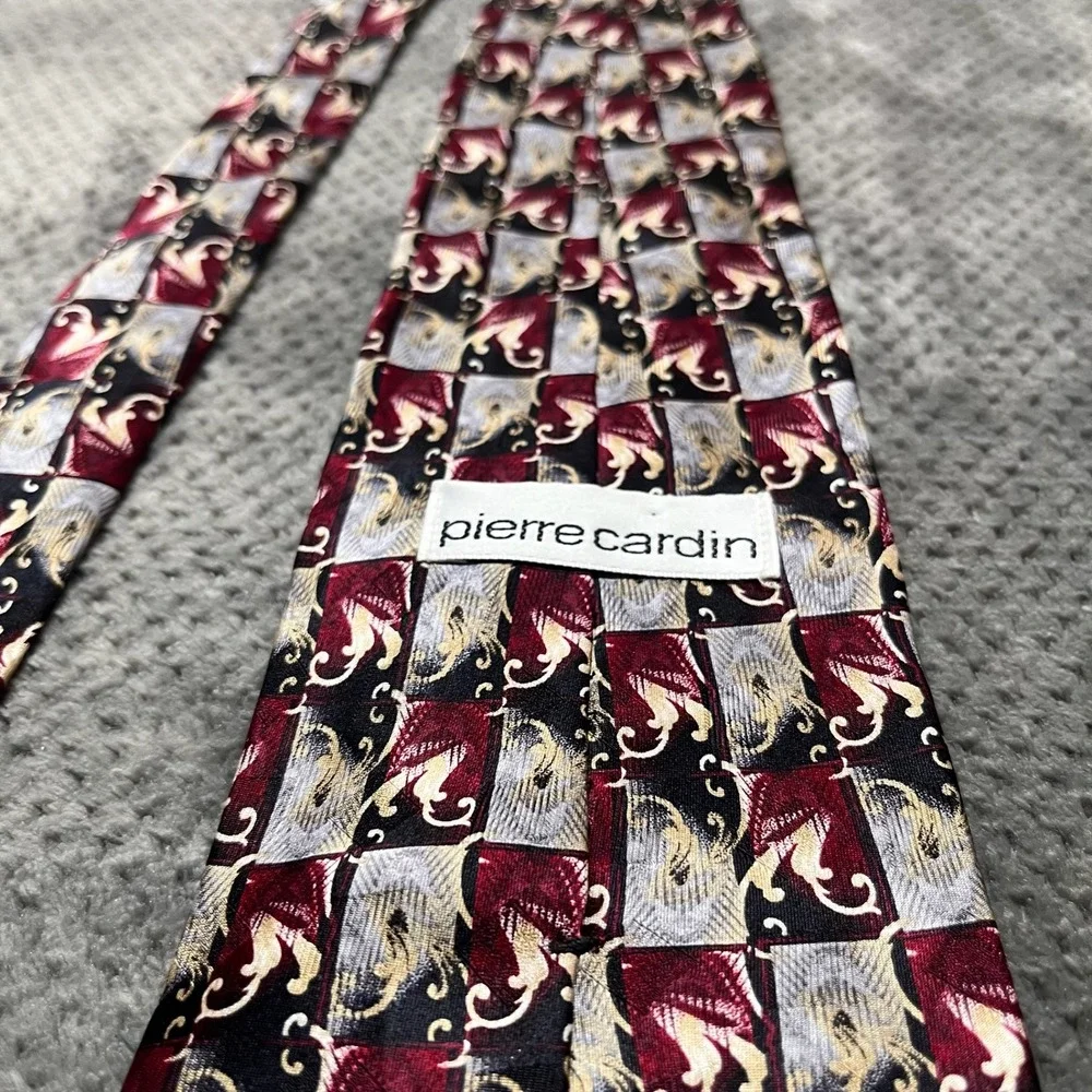 Pierre Cardin Mens Silk Tie Burgundy Silver Gold Geometric Scroll Pattern Wide